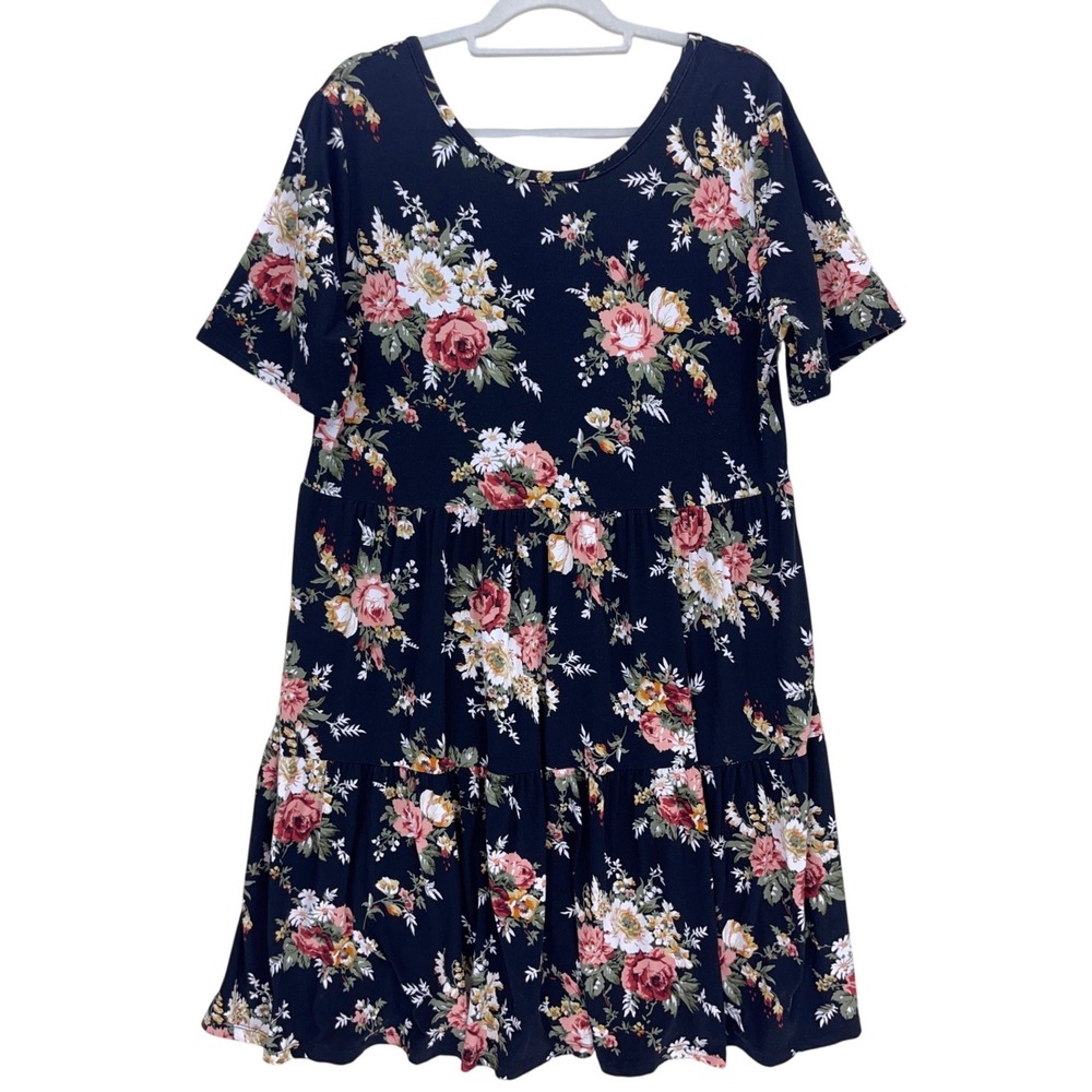 Vibe Sportswear Black Floral Tiered Babydoll Dress 2X Strappy Back Plus Curvy